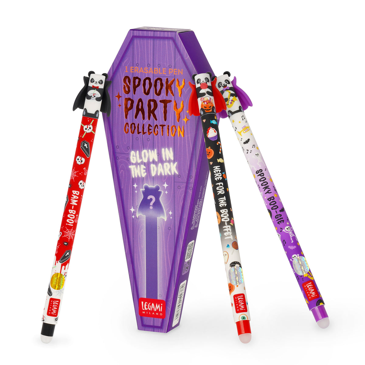 Legami Spooky Party blind box with the three possible vampire panda pen designs